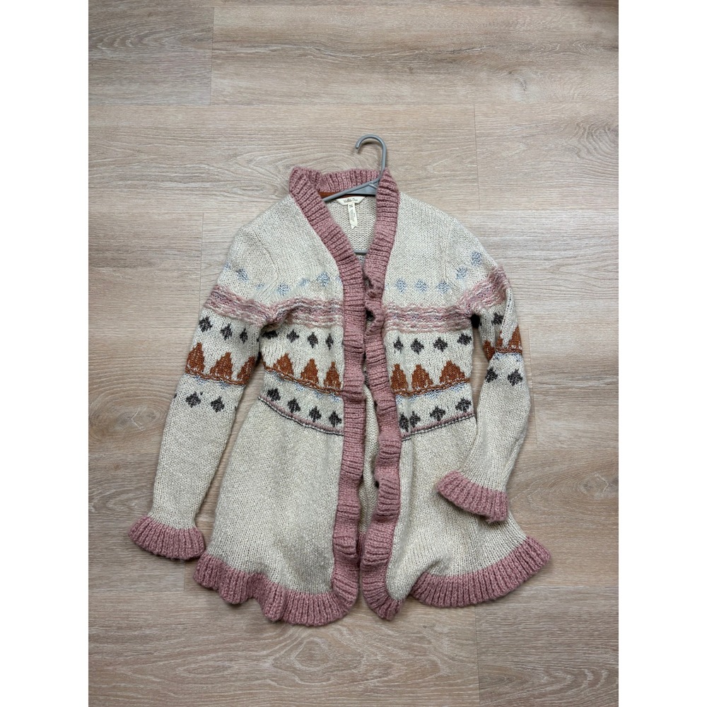 Matilda Jane Fair Isle Ruffle Peplum Cardigan Sweater Women's XS Cream Pink